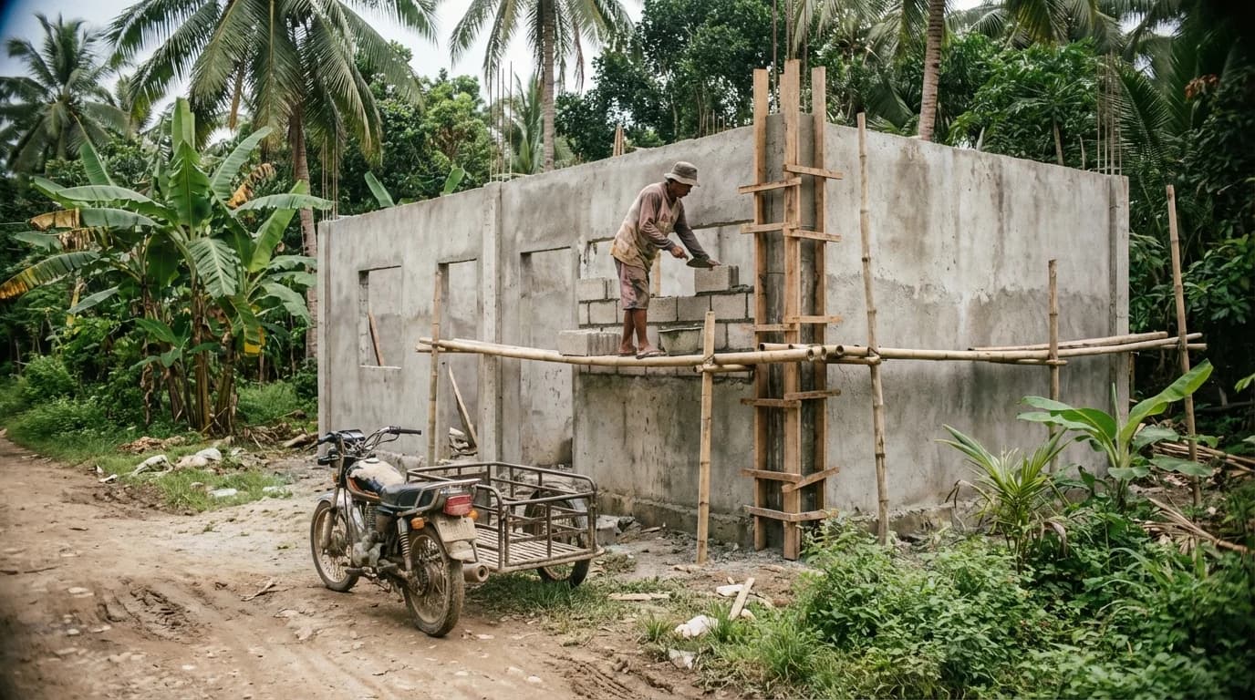 Villa under construction on Siargao with tropical vegetation