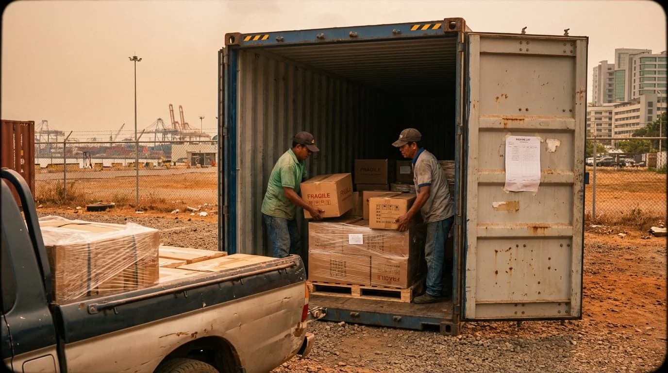Construction materials being loaded into a shipping container