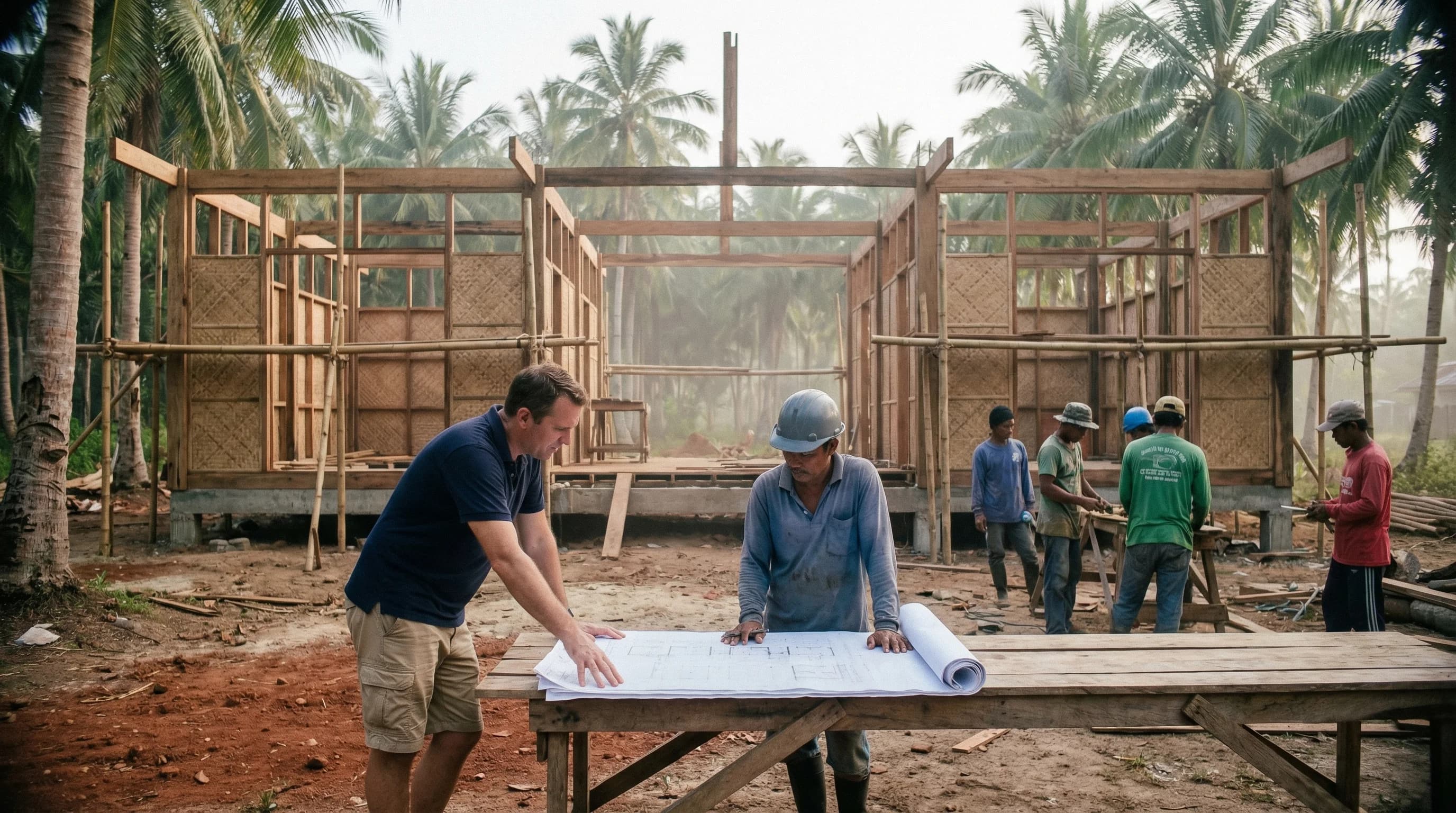 Foreign homeowner meeting a construction team on a Siargao building site