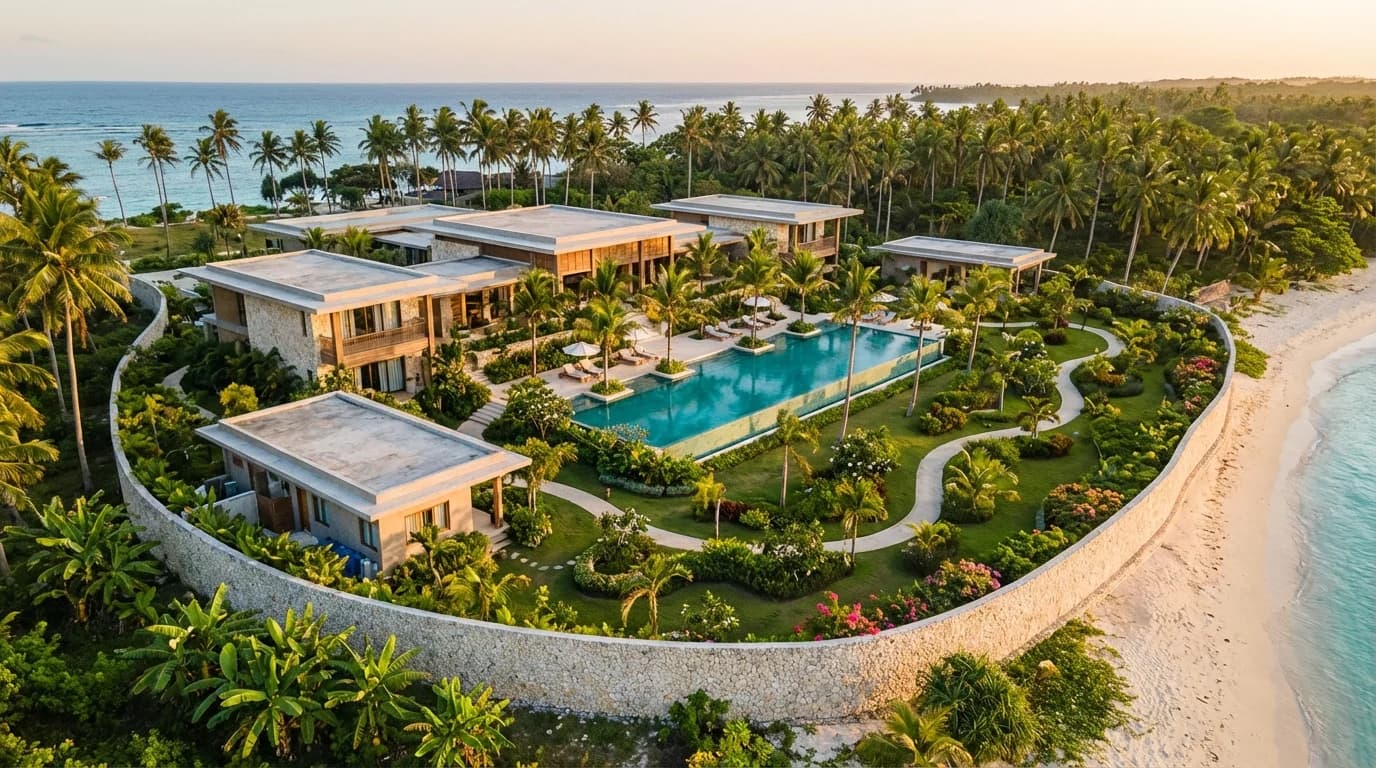 Aerial view of completed villa compound on Siargao