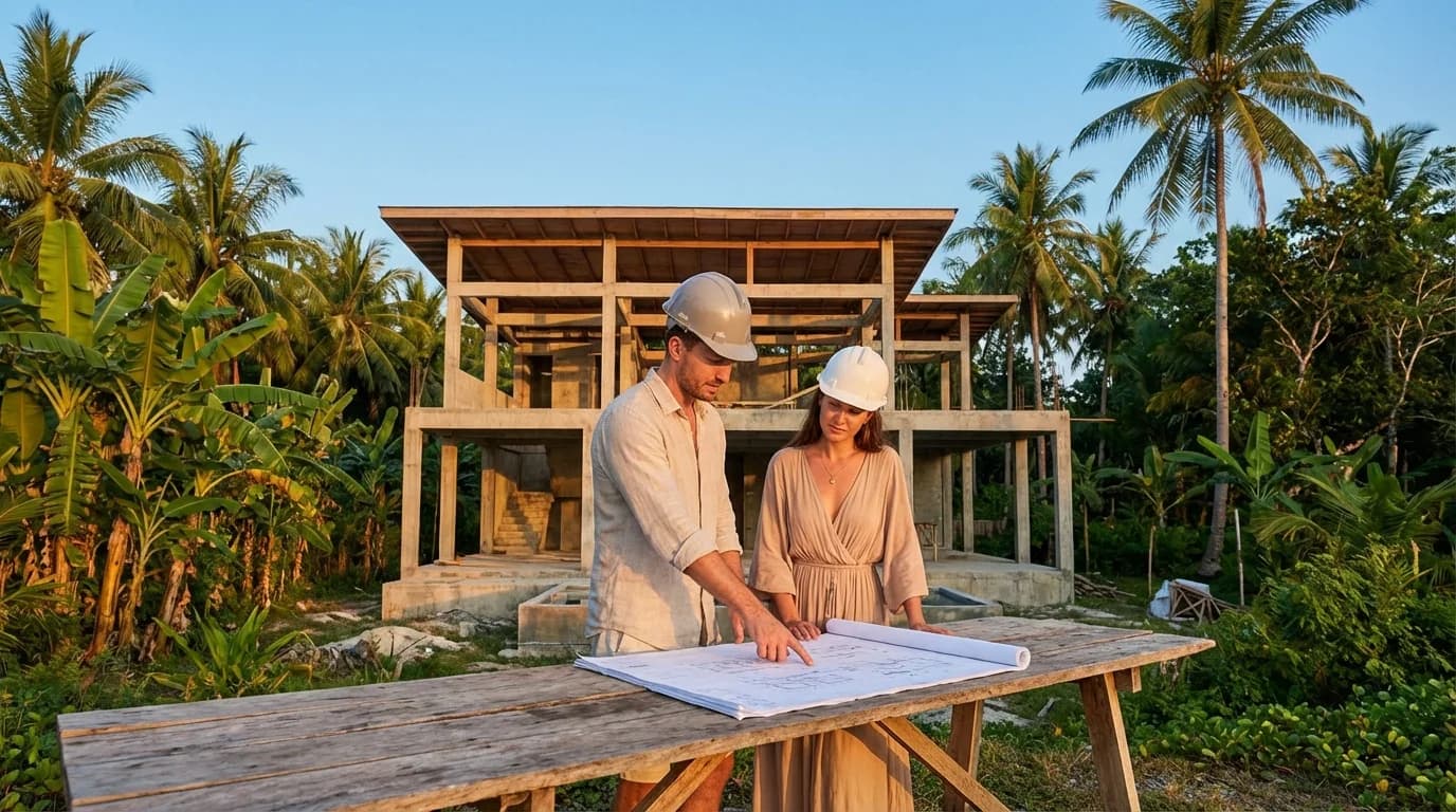 Architect reviewing plans on a Siargao villa construction site