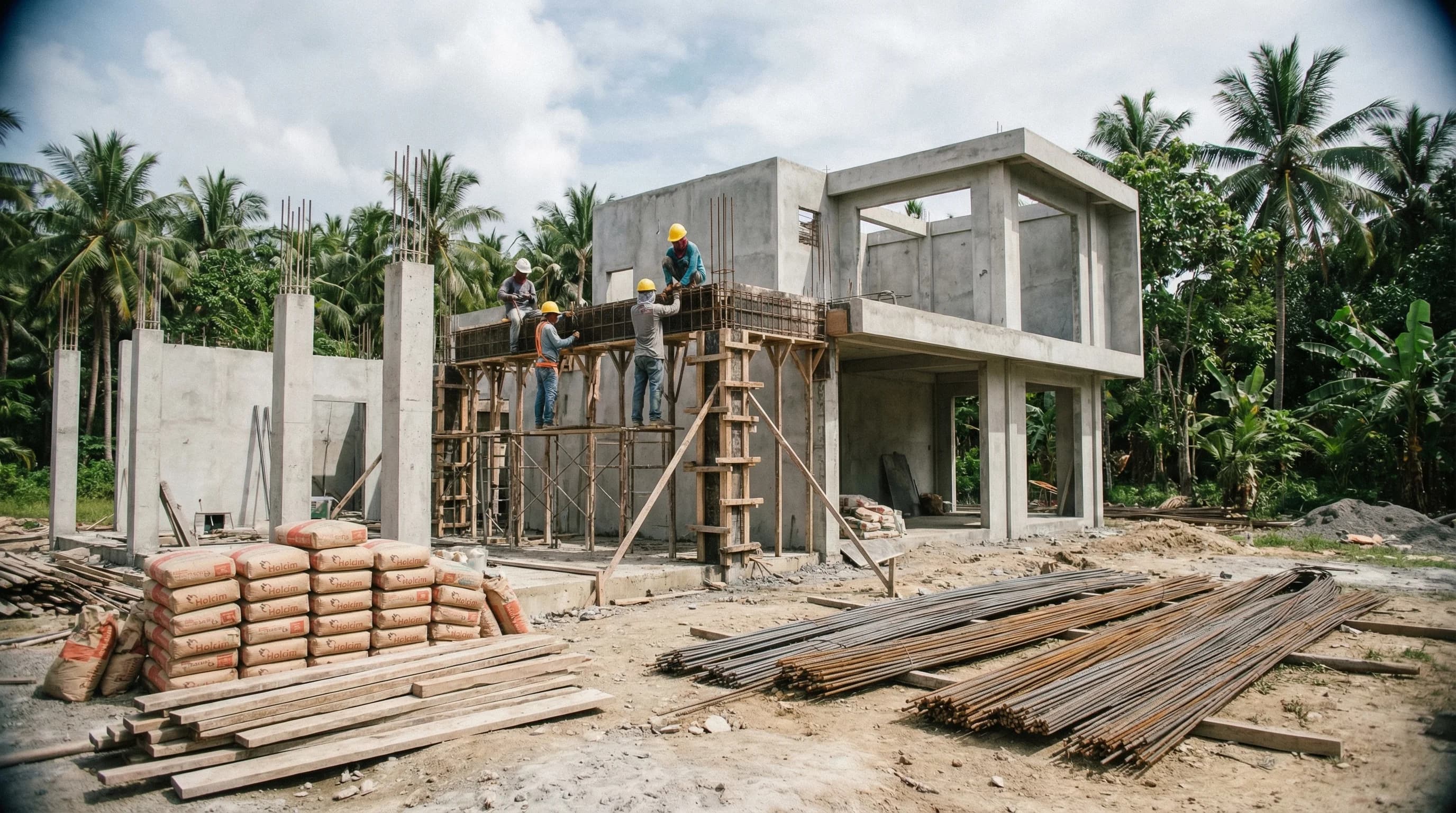 Villa construction in progress on Siargao island with workers on scaffolding