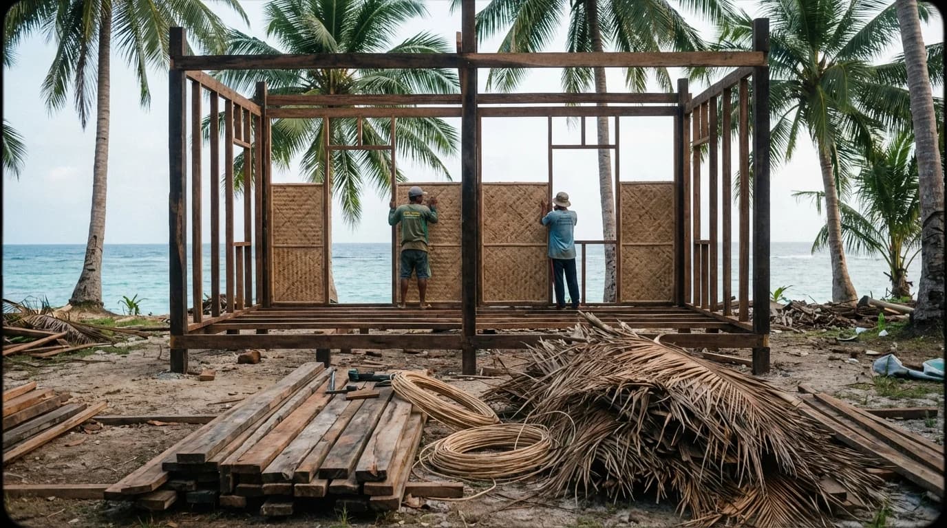 Daniel's cottage under construction in Malinao Siargao with walls going up and workers on site