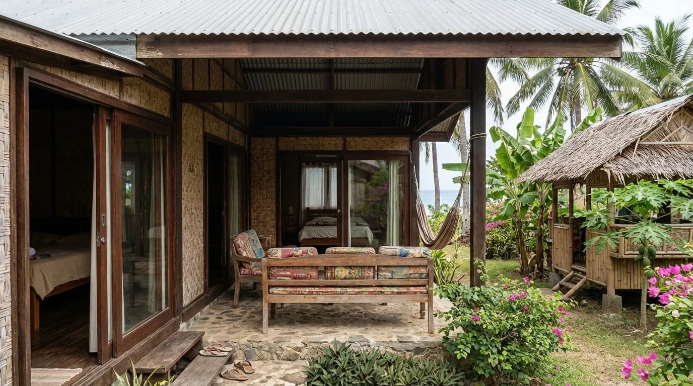 Completed two-bedroom beach cottage in Malinao Siargao with outdoor living area and tropical garden