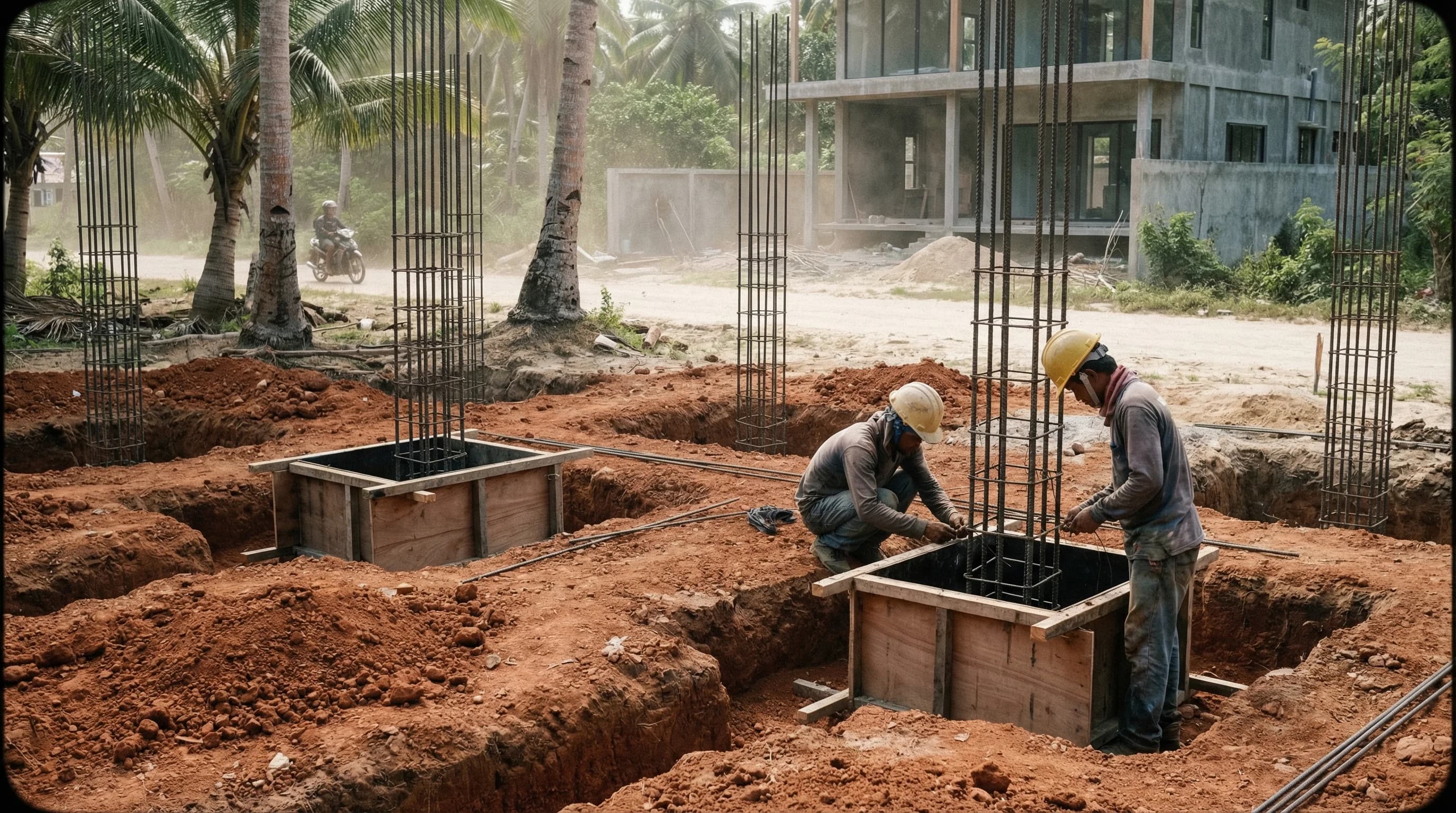 Reinforced concrete foundation with tied rebar on a Siargao construction site