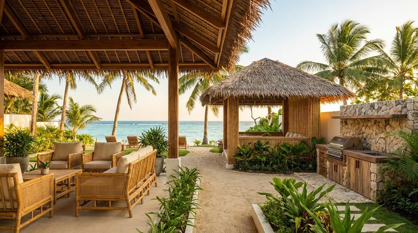 Outdoor living area of a beachfront cottage on Siargao with kubu hut and coconut palms