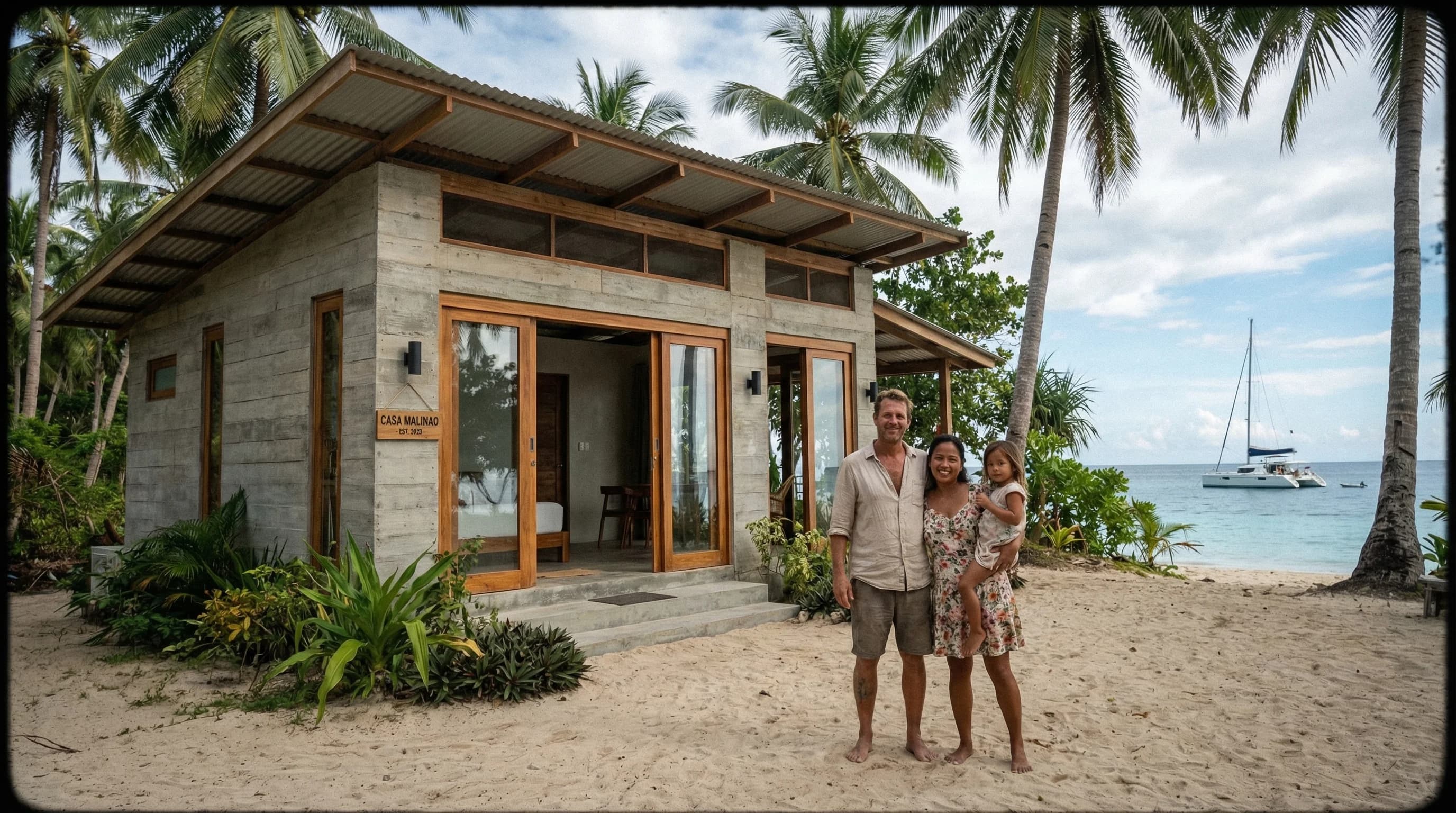 German expat family life on a beachfront property in Malinao, Siargao with coconut palms and ocean view
