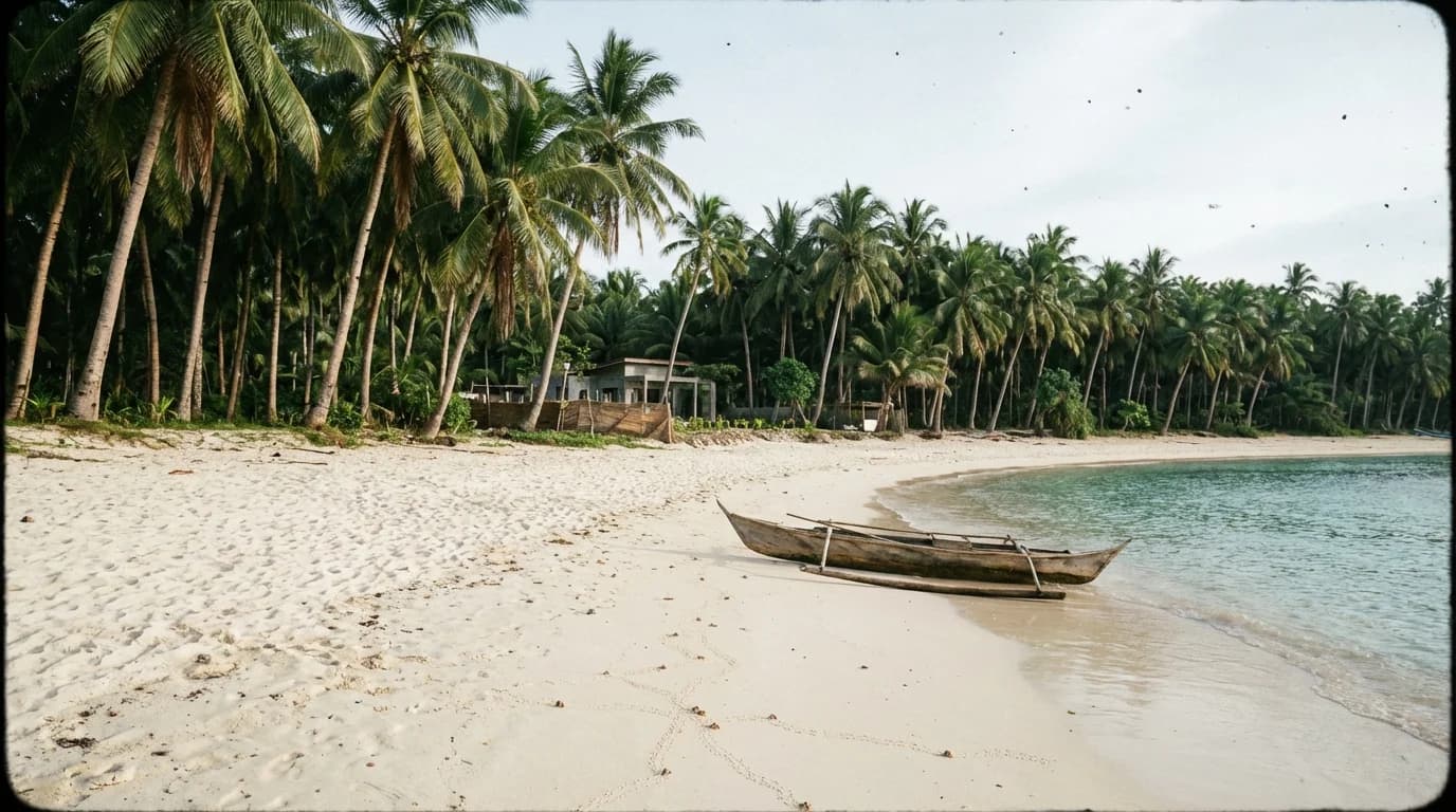 Quiet beachfront in Malinao Siargao with white sand, shallow water, and coconut palms