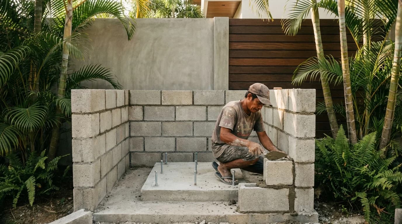 Sound-dampening generator enclosure made from concrete blocks next to a Siargao villa