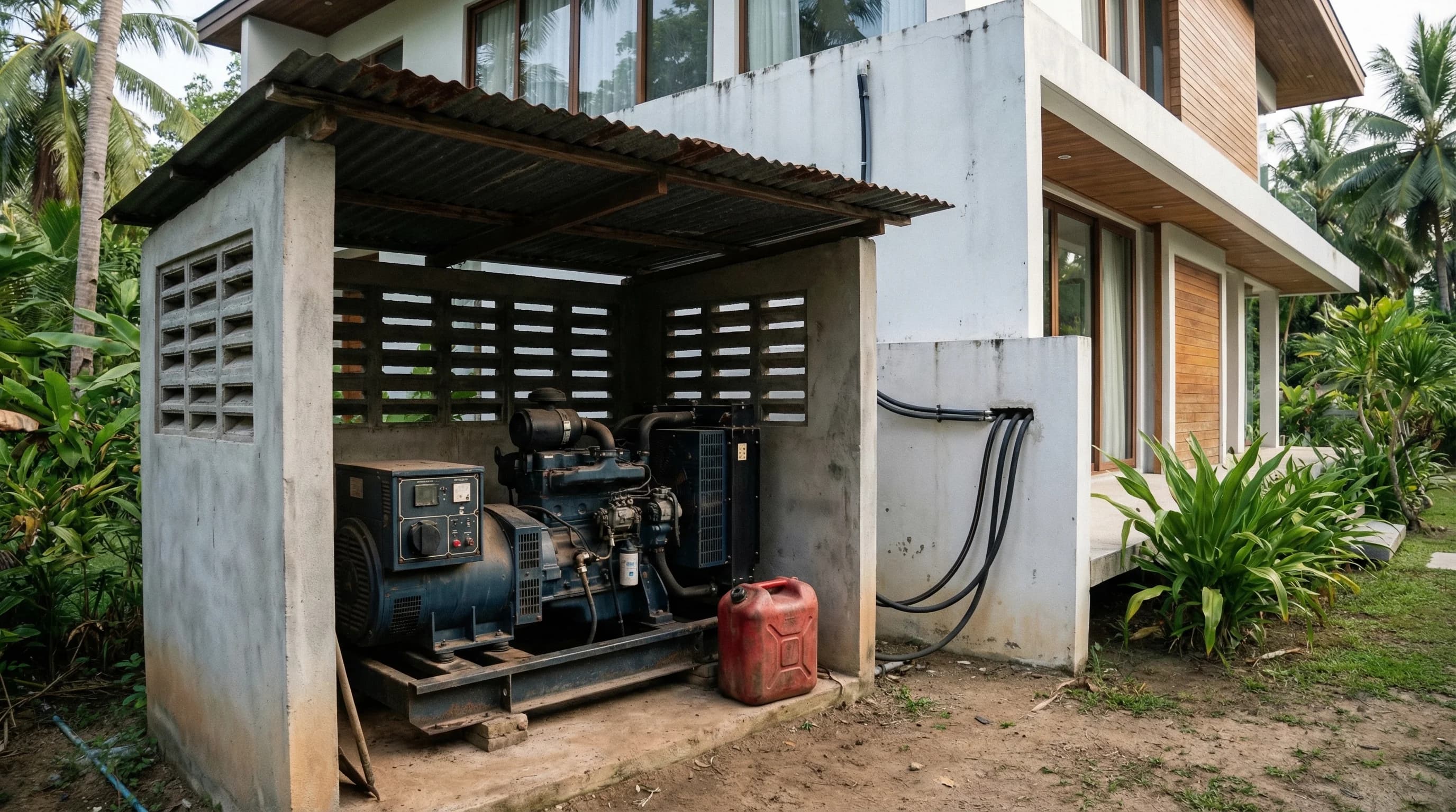 Diesel generator installed in a ventilated enclosure next to a Siargao villa