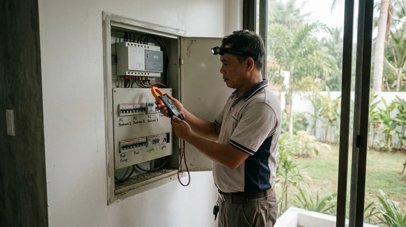 Electrician checking circuit breaker panel and load calculations at a Siargao villa