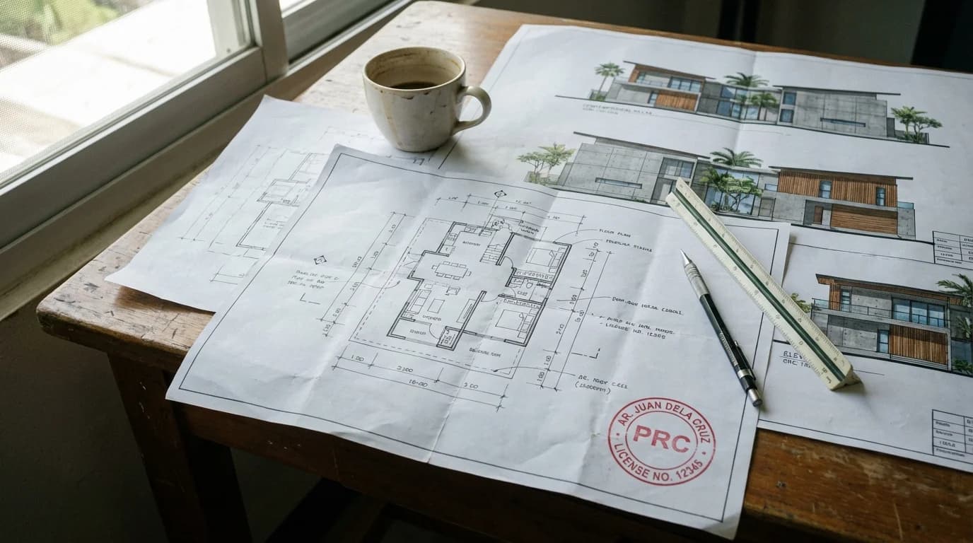 Architectural floor plans and elevation drawings spread on a desk with a coffee cup