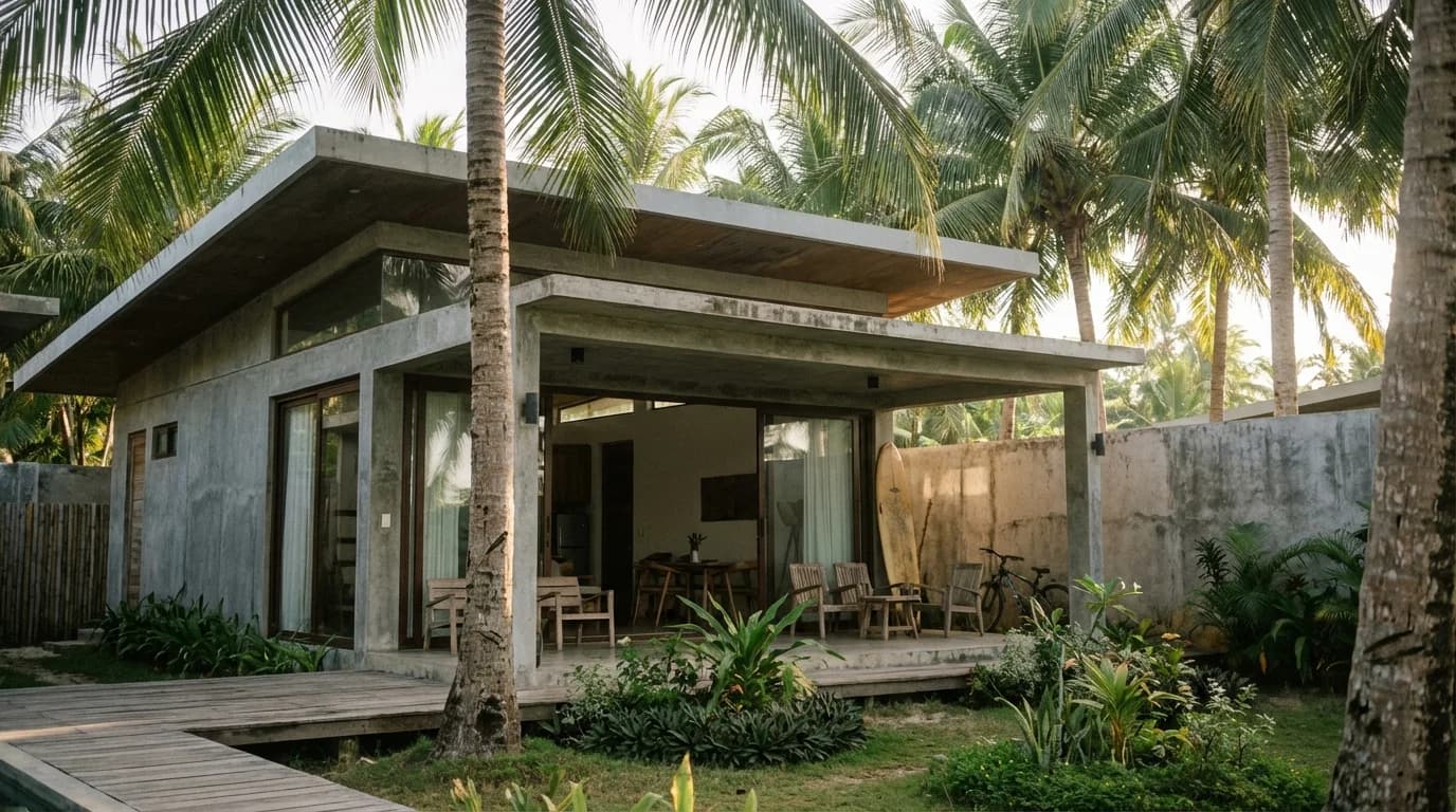 Modern tropical villa with clean lines on Siargao island surrounded by palm trees