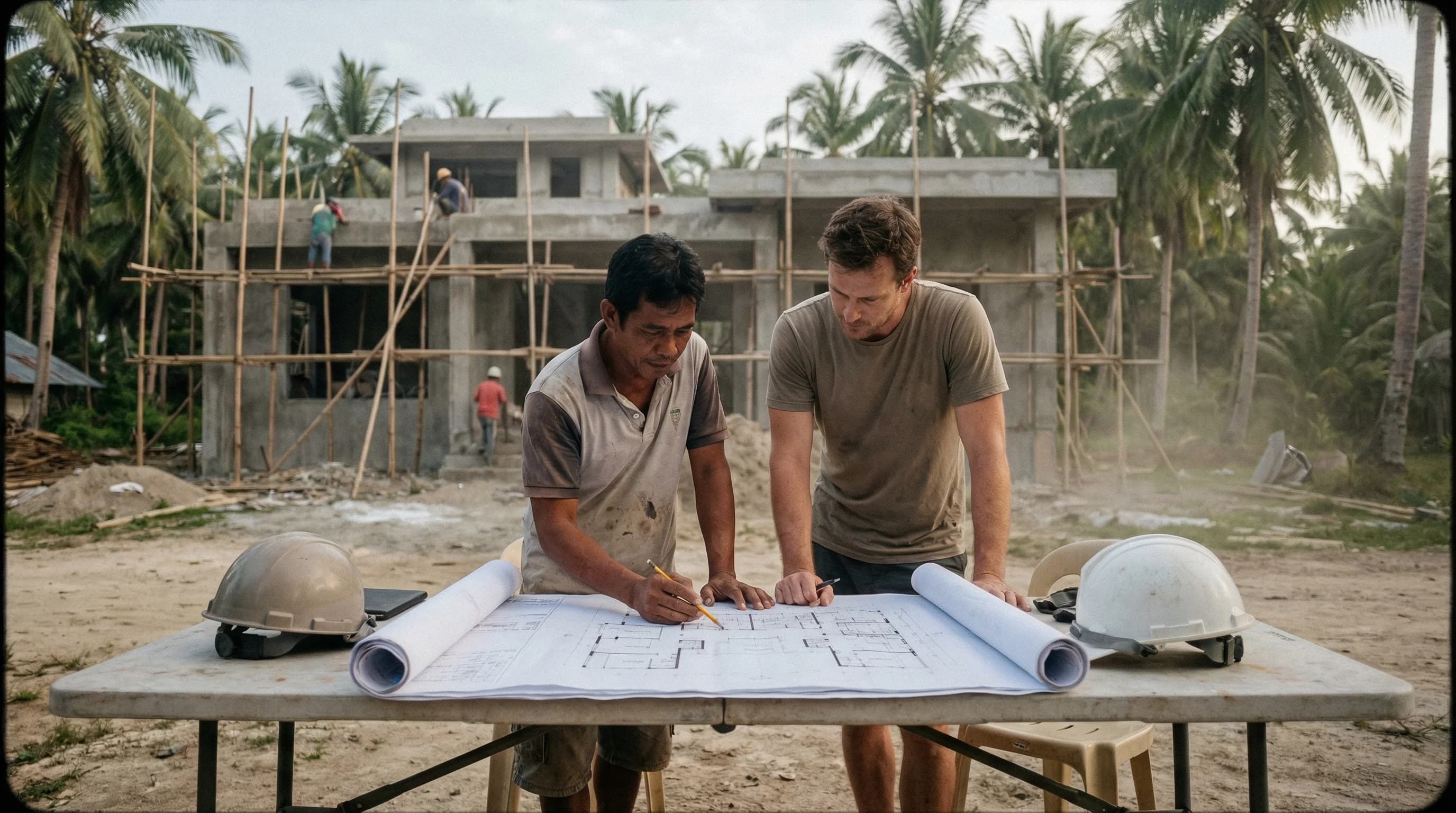Architect reviewing construction plans with a homeowner on a Siargao building site