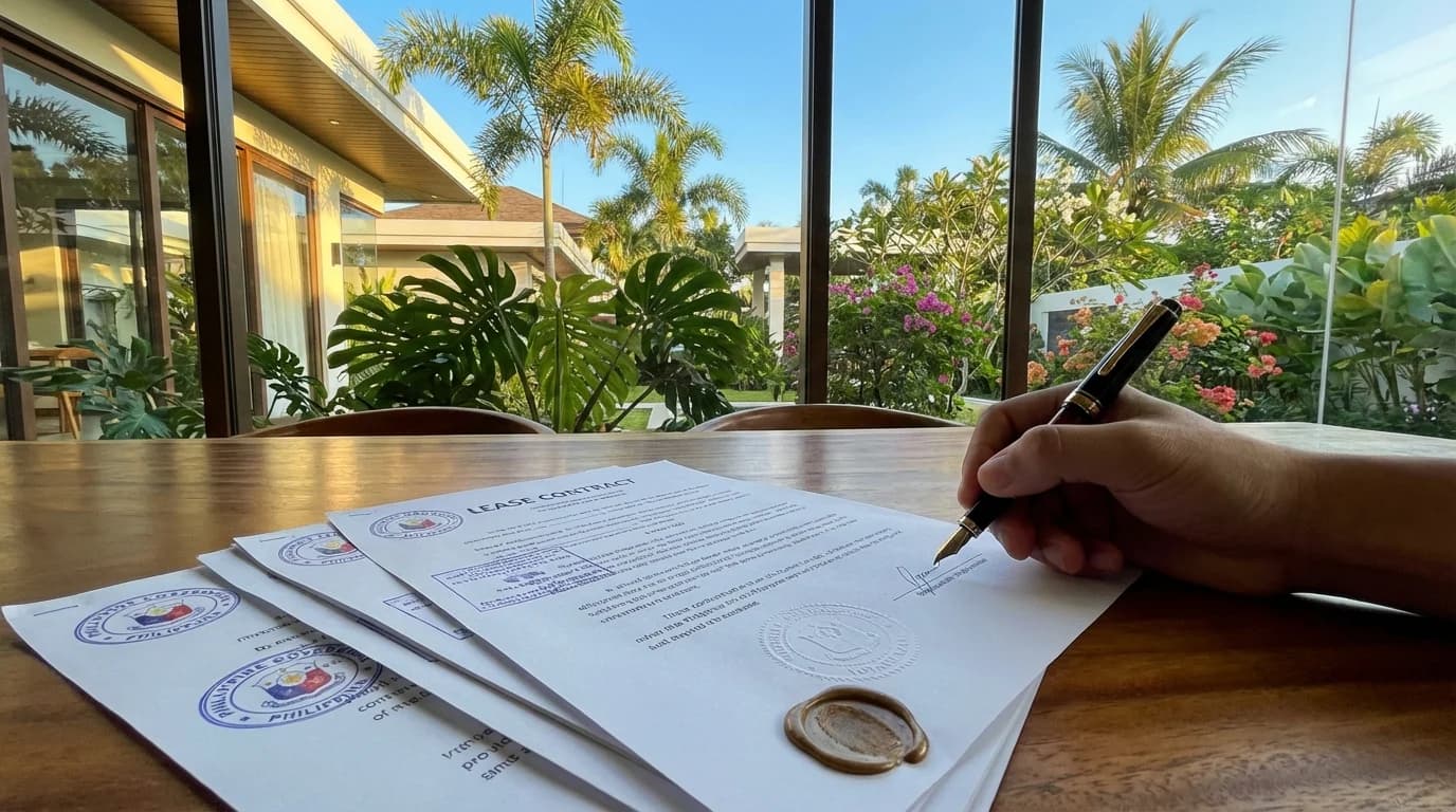 Land lease contract documents being signed at a desk on Siargao