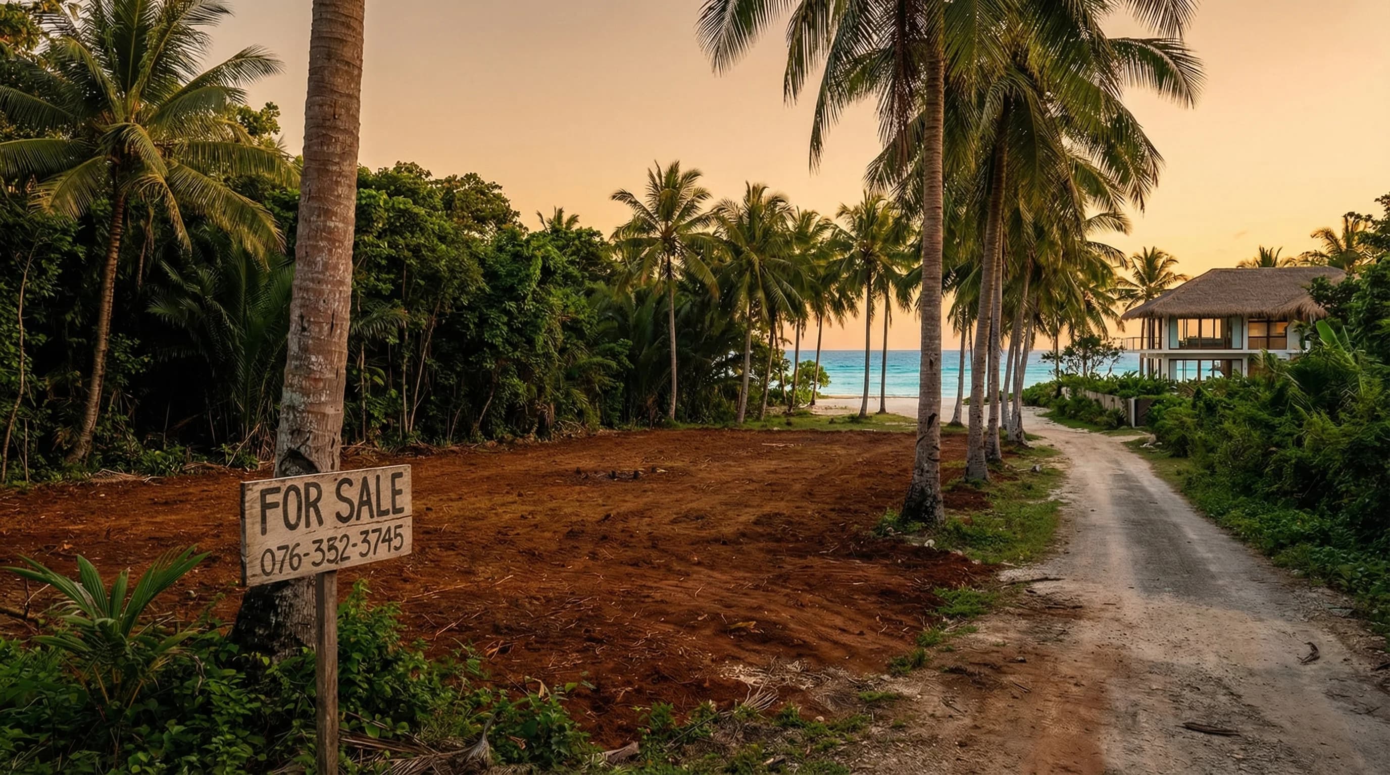 Aerial view of Siargao coastline with palm trees and beachfront lots