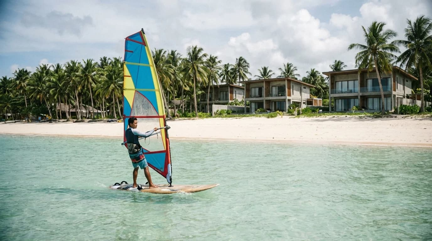 Calm shallow water off Malinao beach on Siargao, ideal for windsurfing beginners