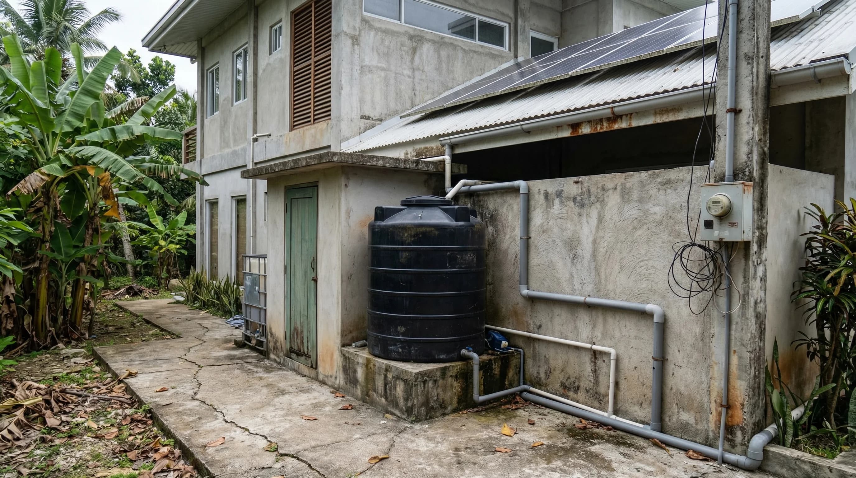 Solar panels and water tank on a tropical villa in Siargao, Philippines