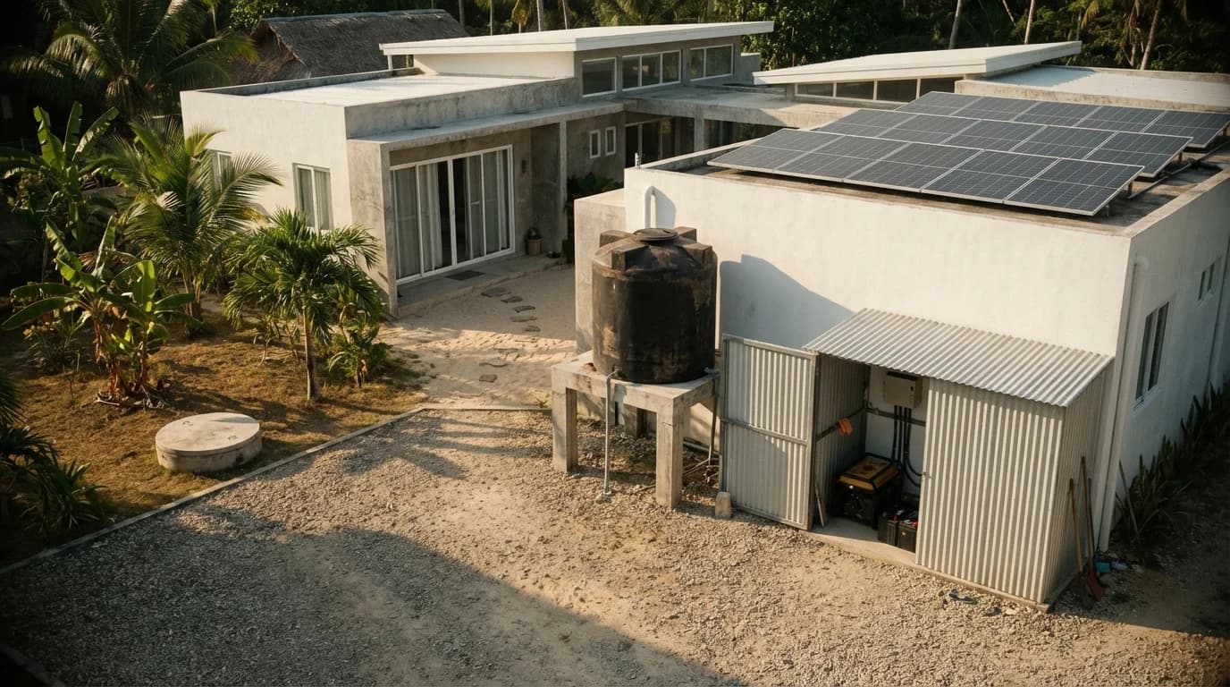 Completed villa with solar panels, water tank, and tropical garden on Siargao