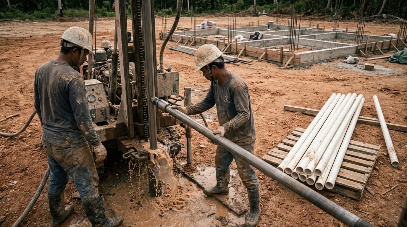 Deep well drilling operation on a construction site in Siargao