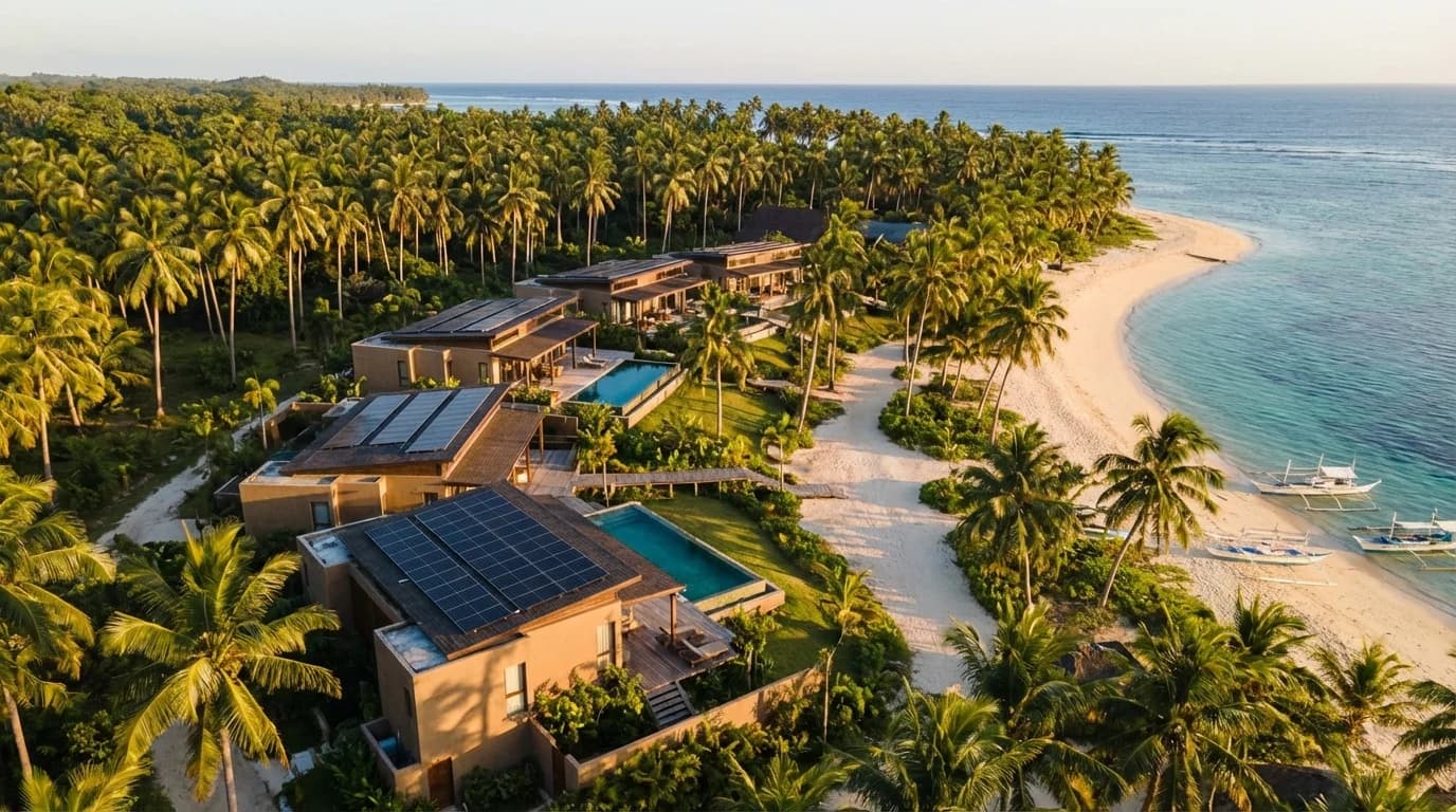 Aerial view of solar-powered villa on Siargao