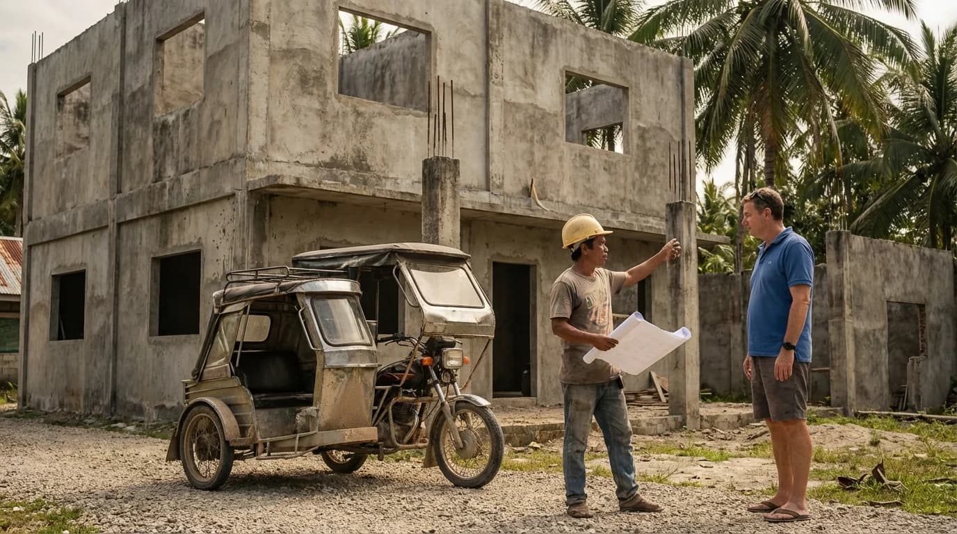 Mid-range villa under construction in General Luna with concrete walls and steel rebar visible