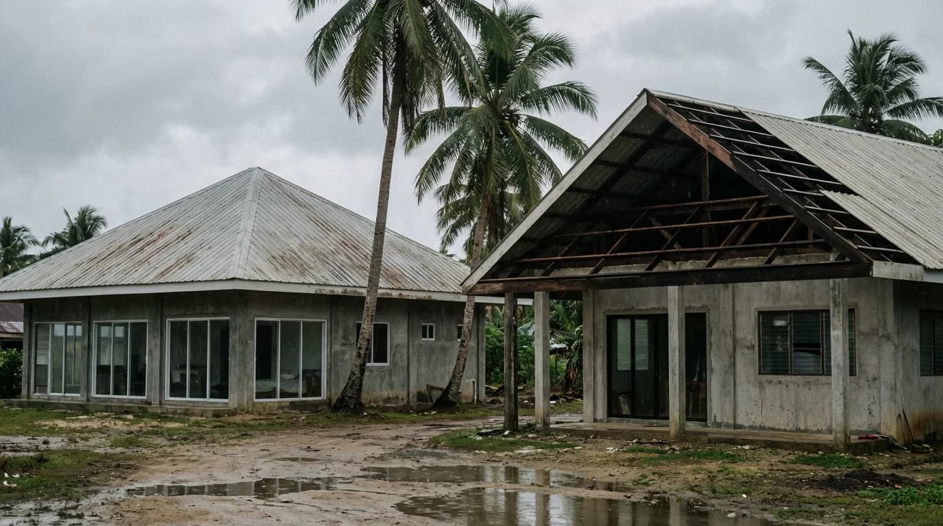 Comparison of hip roof versus gable roof after typhoon damage on Siargao