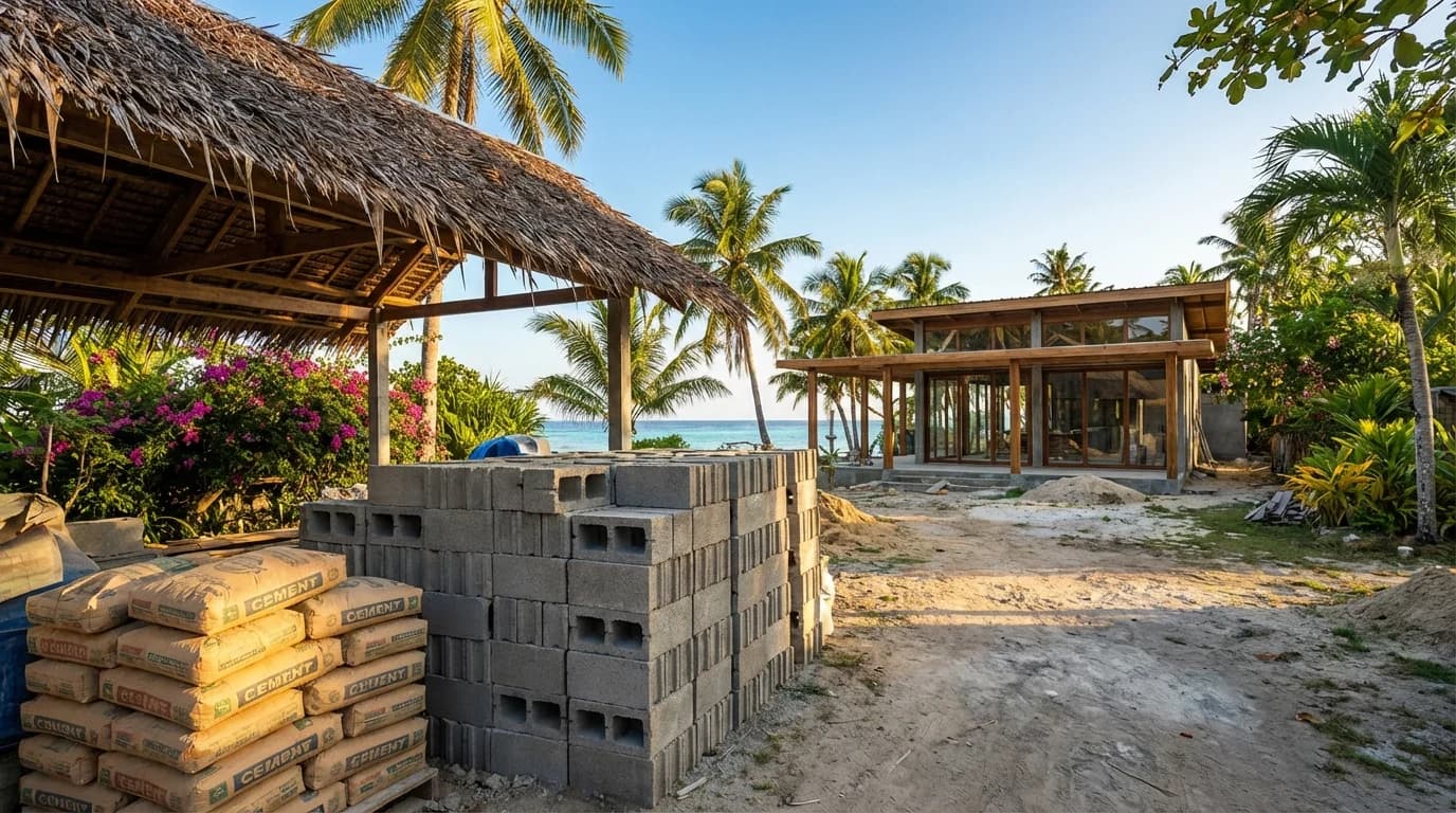 Construction materials stockpiled on a Siargao building site